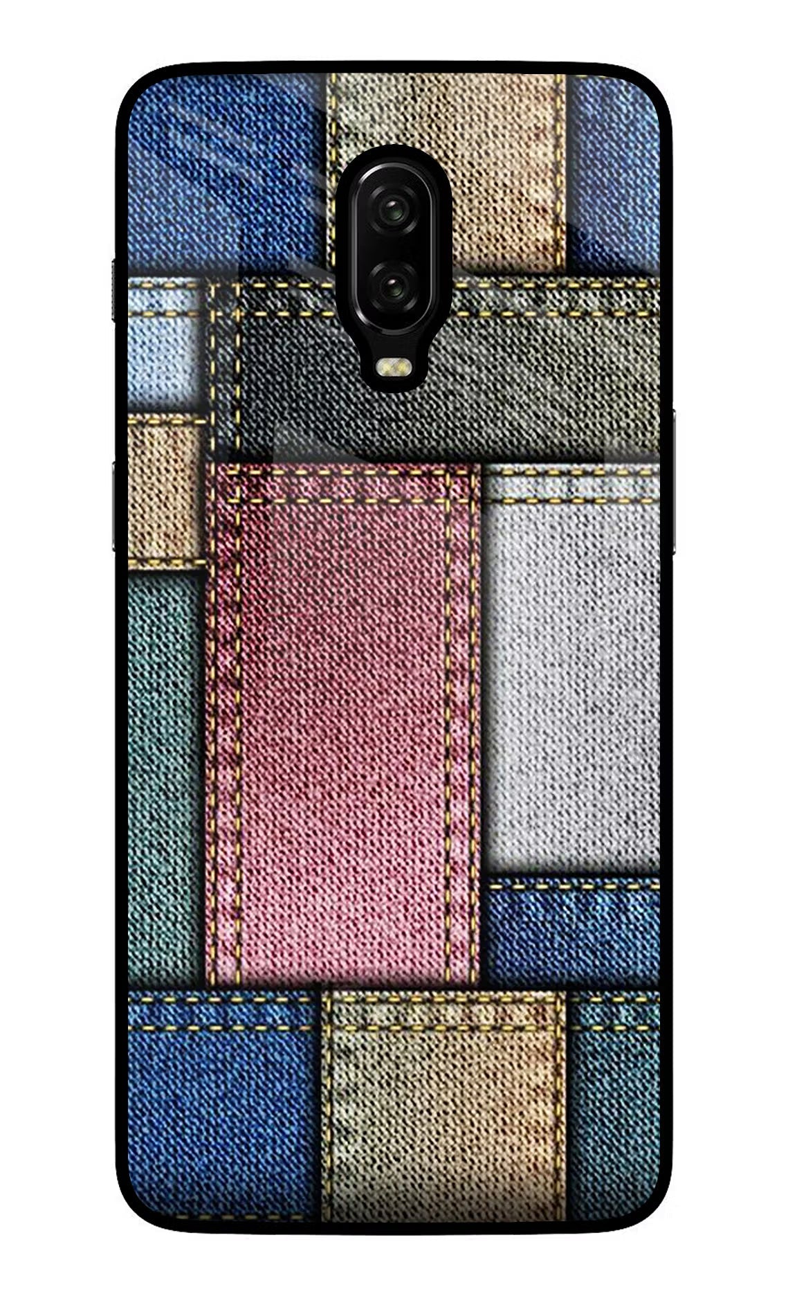 Multicolor Jeans Oneplus 6T Glass Case Back Cover by Casekaro