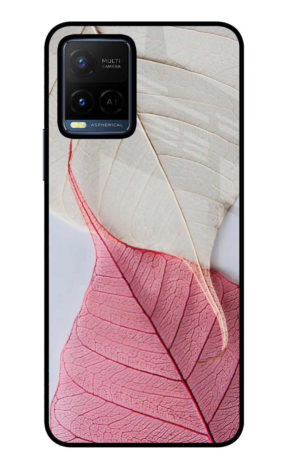 White Pink Leaf Vivo Y21/Y21s/Y33s Glass Case Back Cover by Casekaro