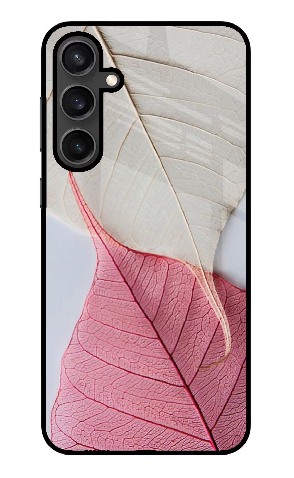 White Pink Leaf Samsung S23 Glass Case Back Cover by Casekaro