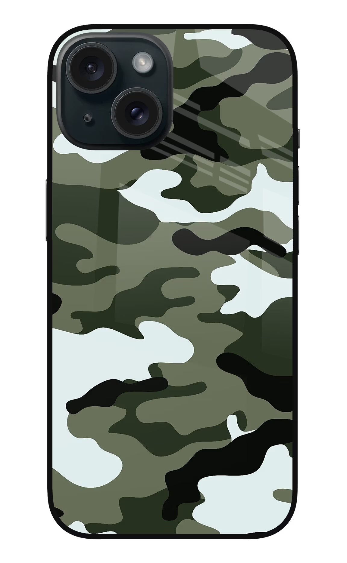 Camouflage iPhone 15 Glass Case Back Cover by Casekaro