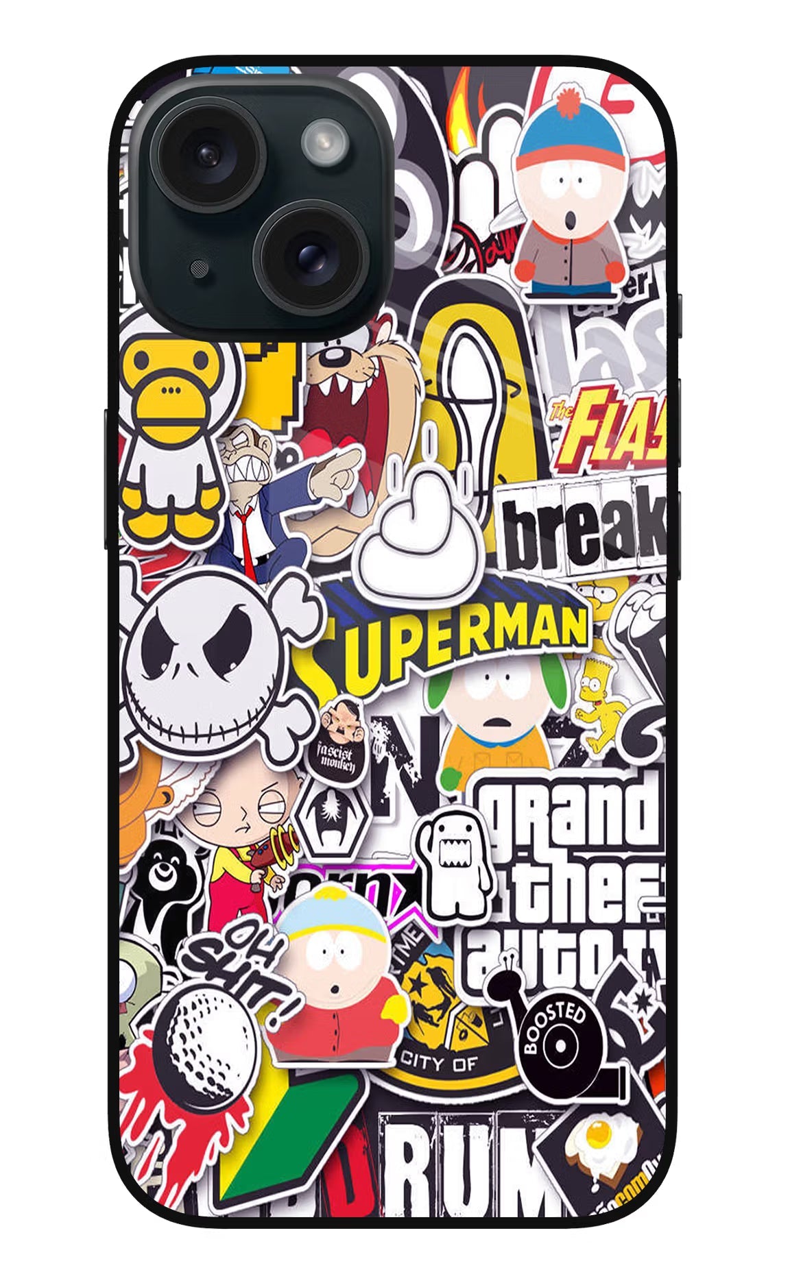 Sticker Bomb iPhone 15 Glass Case Back Cover by Casekaro