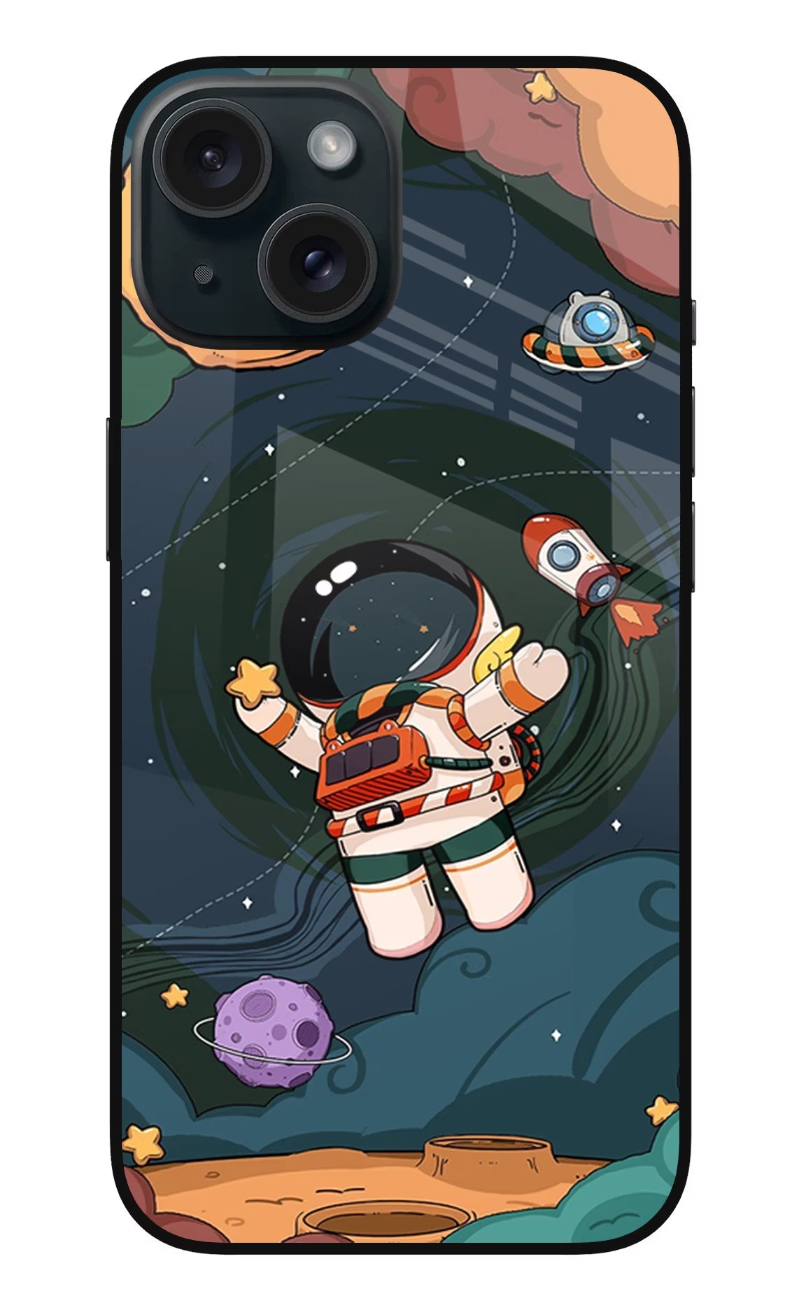 Cartoon Astronaut iPhone 15 Glass Case Back Cover by Casekaro