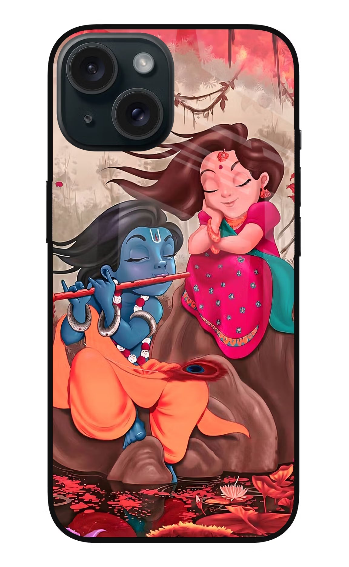 Radhe Krishna iPhone 15 Glass Case Back Cover by Casekaro