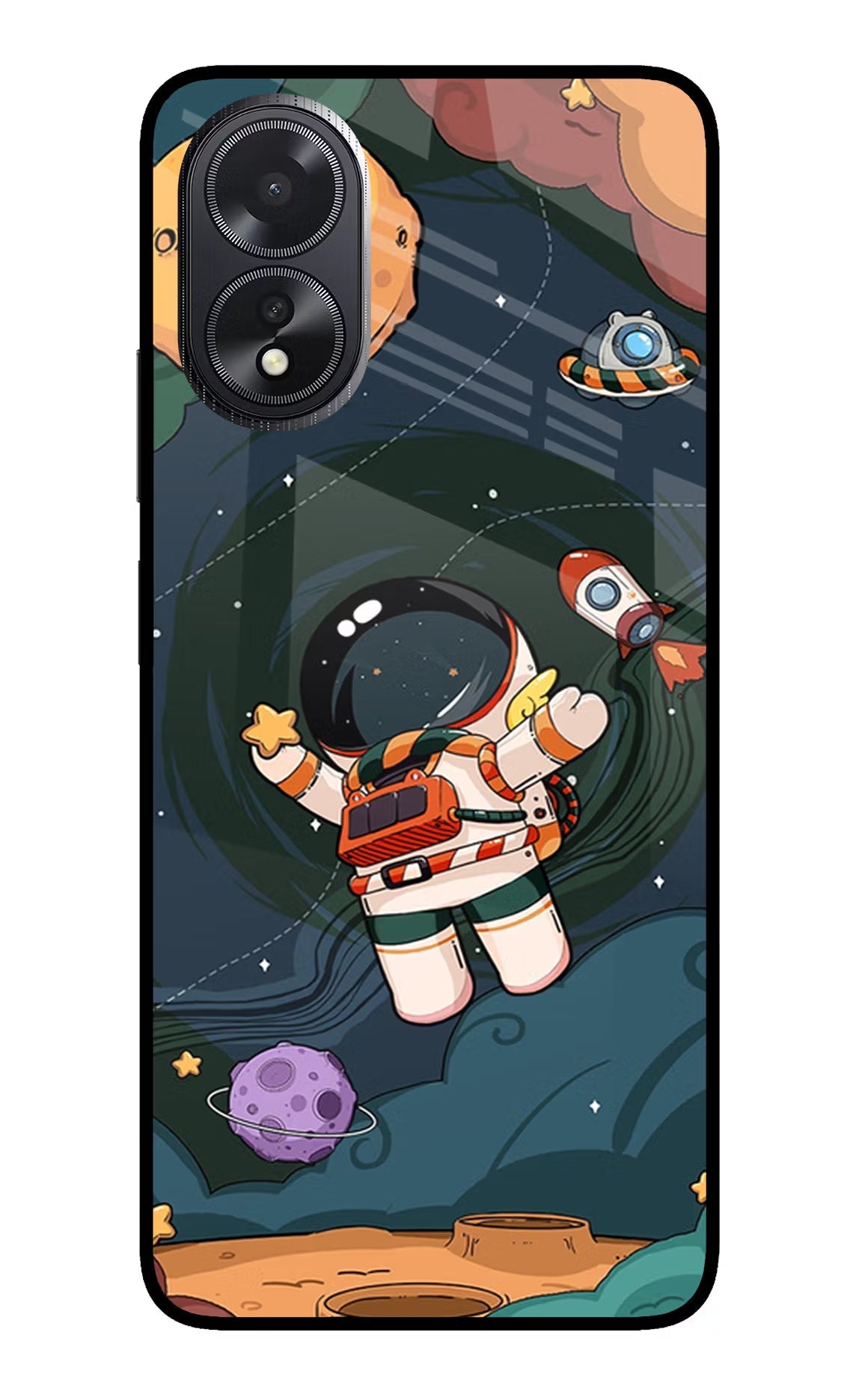 Cartoon Astronaut Oppo A18/Oppo A38 Glass Case Back Cover by Casekaro