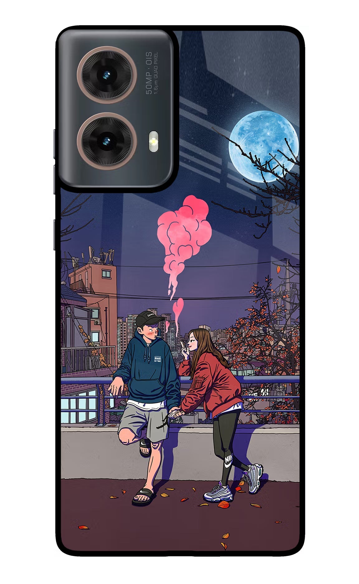 Chilling Couple Motorola G85 Glass Case Back Cover by Casekaro
