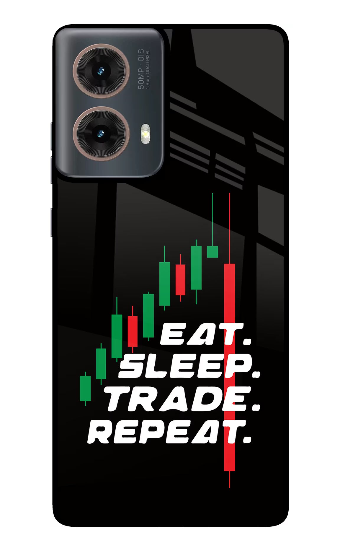 Eat Sleep Trade Repeat Motorola G85 Glass Case Back Cover by Casekaro