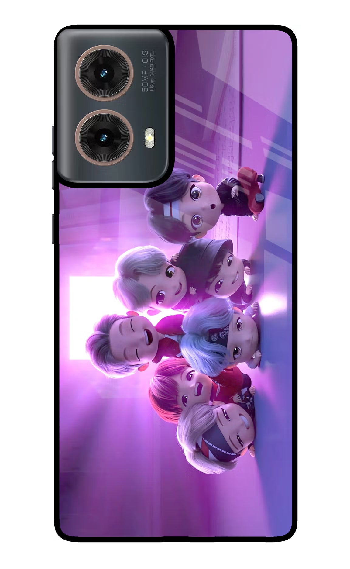 BTS Chibi Motorola G85 Glass Case Back Cover by Casekaro