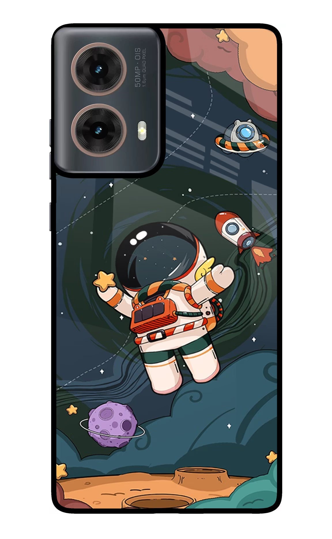 Cartoon Astronaut Motorola G85 Glass Case Back Cover by Casekaro