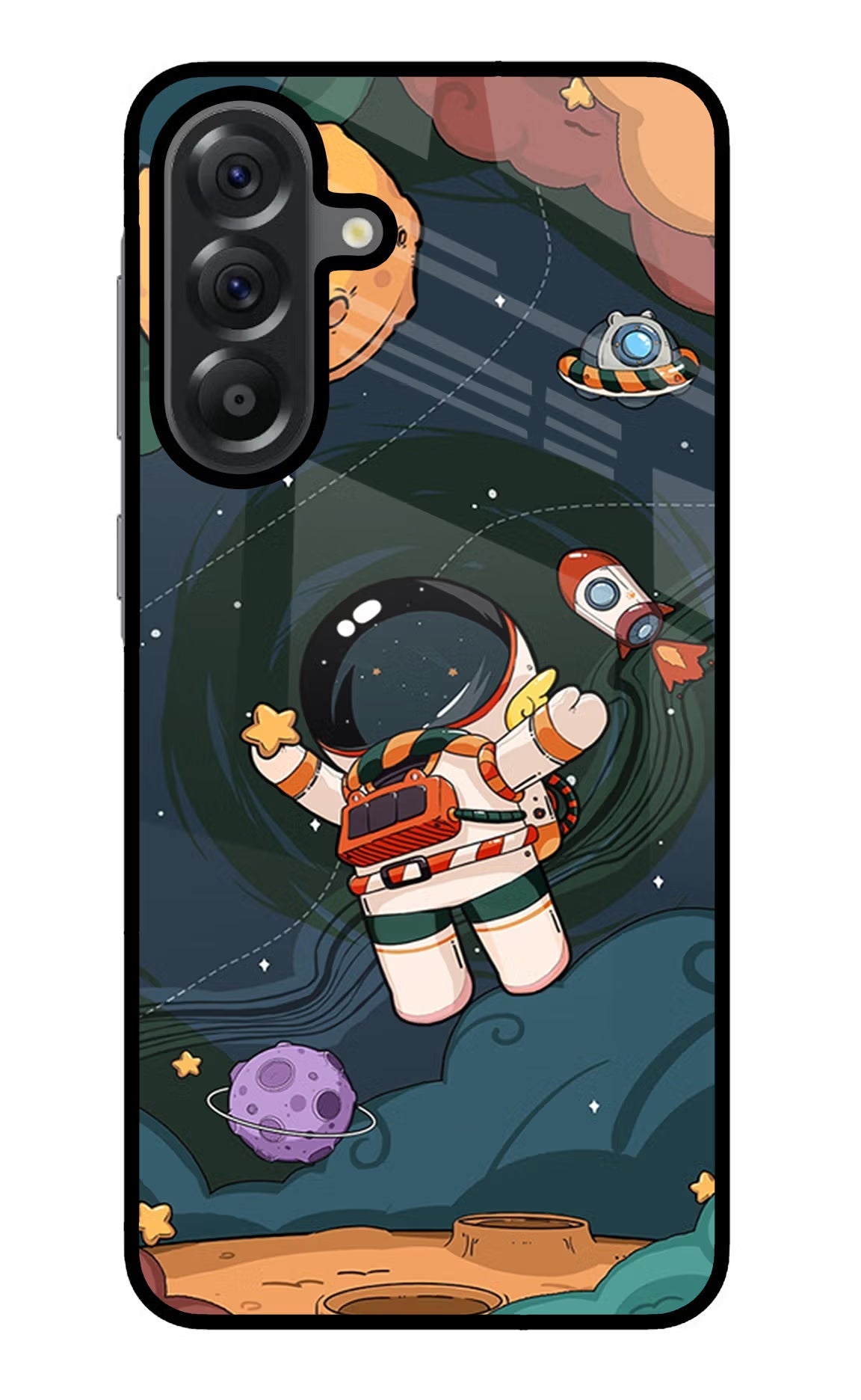 Cartoon Astronaut Samsung A56 5G Glass Case Back Cover by Casekaro