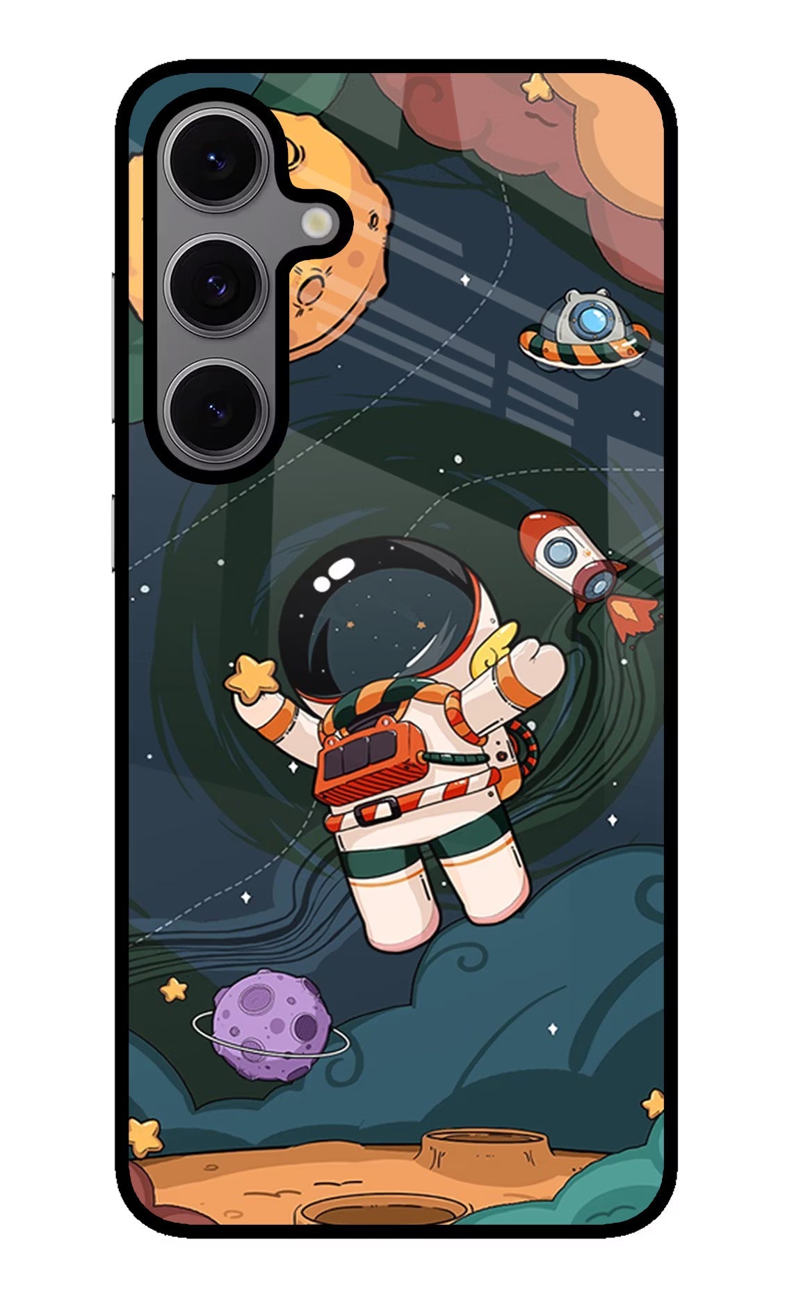 Cartoon Astronaut Samsung S24 FE 5G Glass Case Back Cover by Casekaro