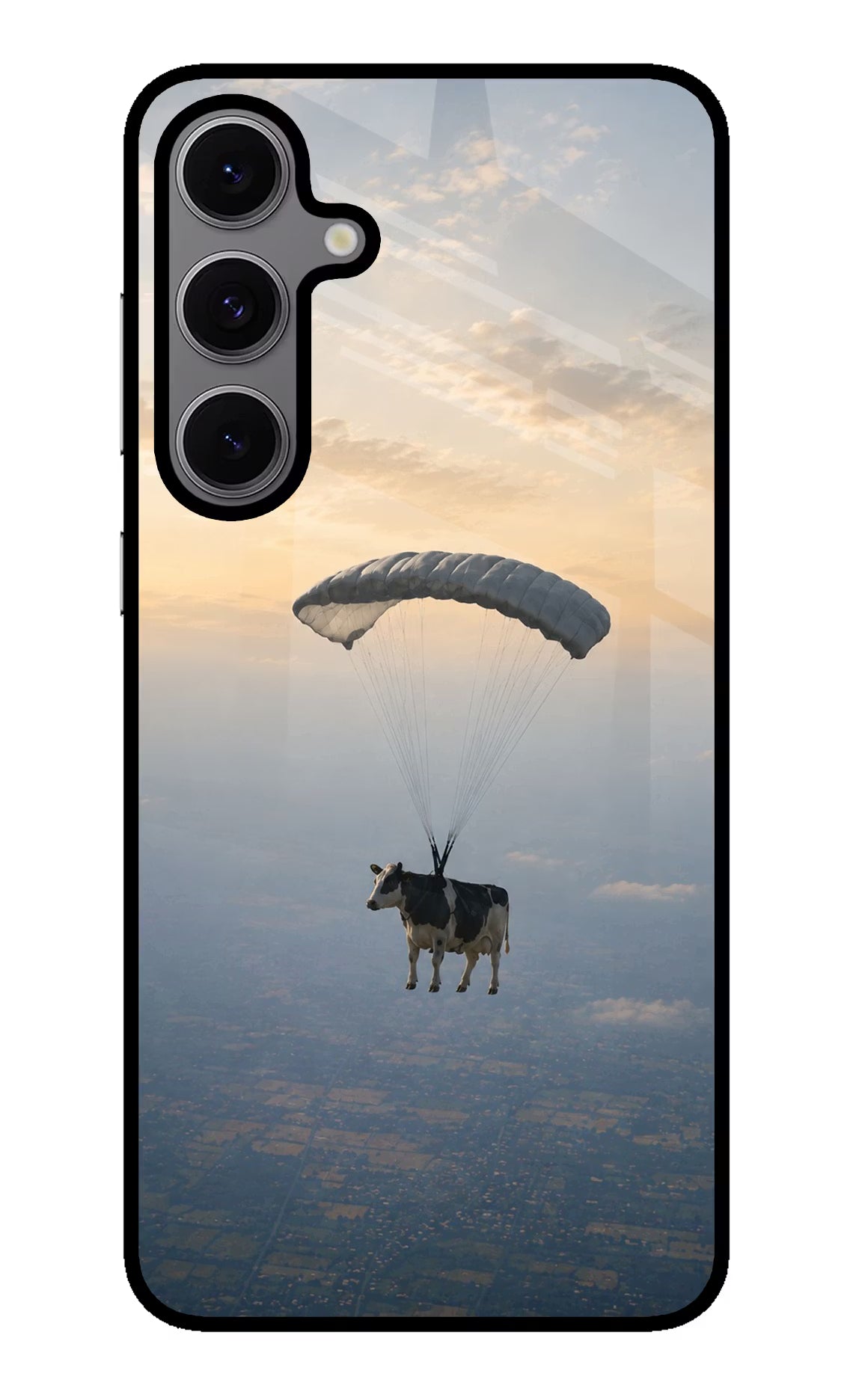 Skydiving Cow Samsung S24 FE 5G Glass Case Back Cover by Casekaro