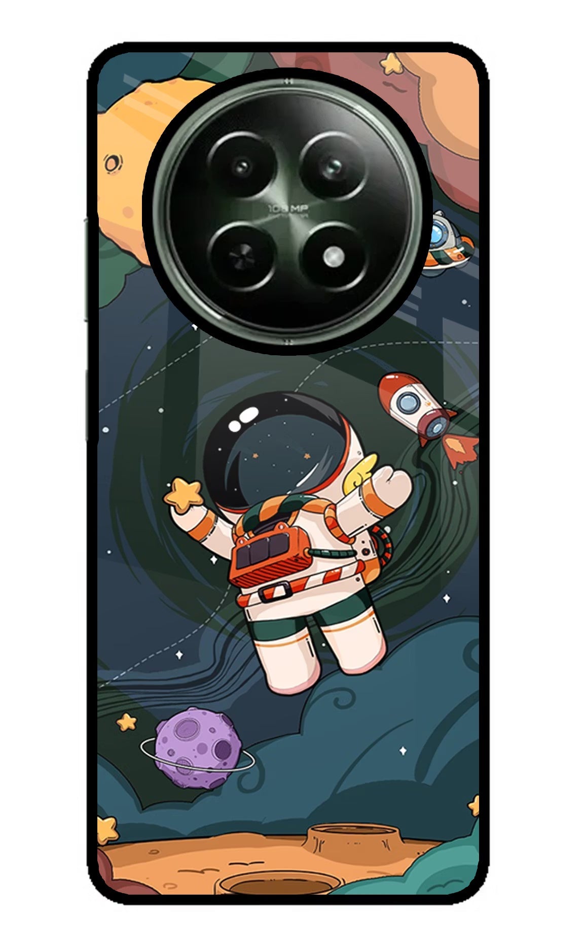 Cartoon Astronaut Realme 12x 5G Glass Case Back Cover by Casekaro